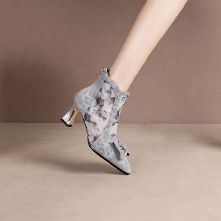 时尚夏季网靴气质百搭粗跟靴子尖头真皮中跟凉靴2025春季新款靴子