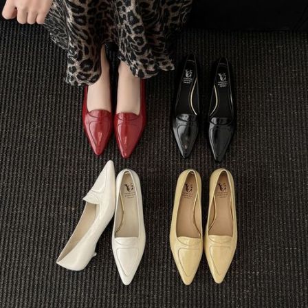 牛皮~3.5cm尖头法式细跟浅口单鞋气质漆皮红色中跟鞋时尚真皮女鞋