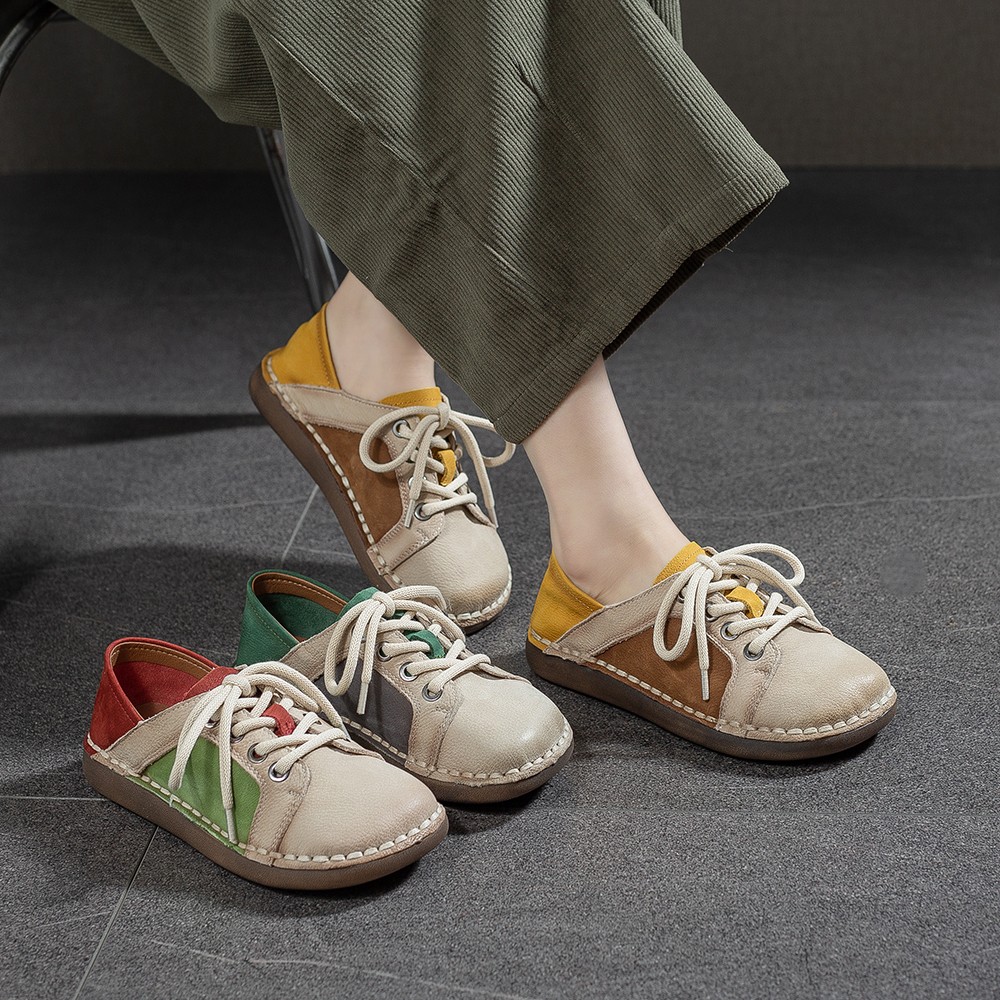9826复古民族风头层牛皮拼色系带圆头舒适百搭新款通勤休闲女单鞋主图