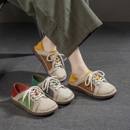 9826复古民族风头层牛皮拼色系带圆头舒适百搭新款通勤休闲女单鞋