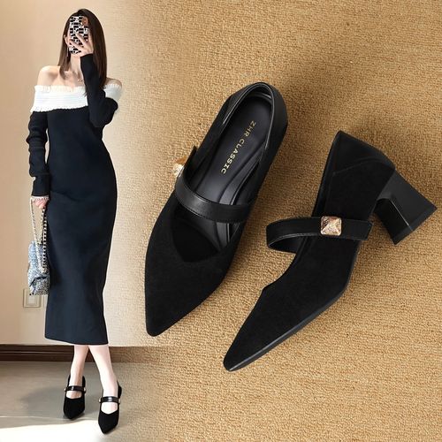 ZHR则则复古粗跟玛丽珍鞋女鞋2026新款优雅时髦舒适尖头绒面单鞋主图