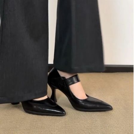 羊皮版~玛丽珍鞋尖头浅口黑色新款单鞋女优雅温柔气质百搭高跟鞋