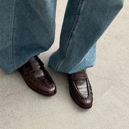 春季全皮鳗鱼纹英伦风复古低跟软底休闲乐福鞋时尚百搭