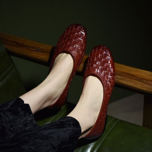 高端马皮编织浅口单鞋软底平底春款真皮女鞋头层皮手工鞋擦色做旧主图