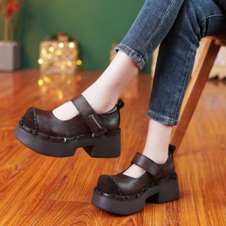 29808春季新款复古真皮厚底圆头粗跟百搭女单鞋软底浅口