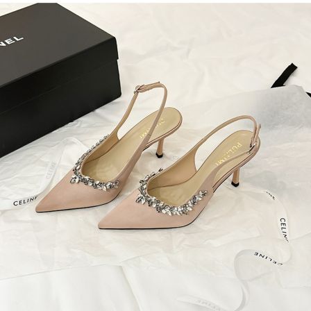 【春日部】绸缎细跟尖头水钻花高跟鞋01611