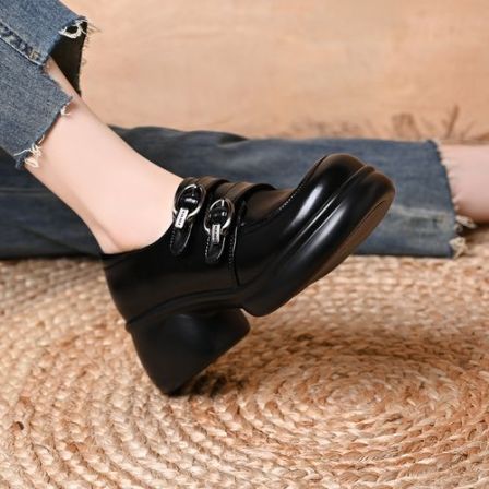 英伦风圆头厚底深口单鞋女春秋新款双排扣粗跟一脚蹬百搭小皮鞋女