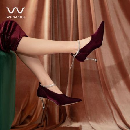 吴大叔【红云鞋】酒红色细跟高跟鞋女结婚鞋法式气质新娘鞋单鞋