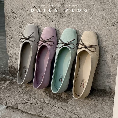 羊皮浅口真皮女鞋法式方头蝴蝶结玛丽珍平底鞋软底韩版温柔单鞋女主图