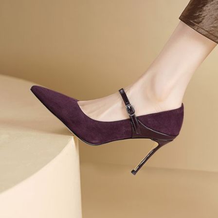 七月家 7CM 羊皮厚底尖头细跟浅口单鞋女款四季百搭