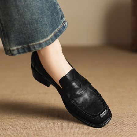 修悦~4cm中跟单鞋英伦风方头乐福鞋女一脚蹬羊皮黑色复古小皮鞋
