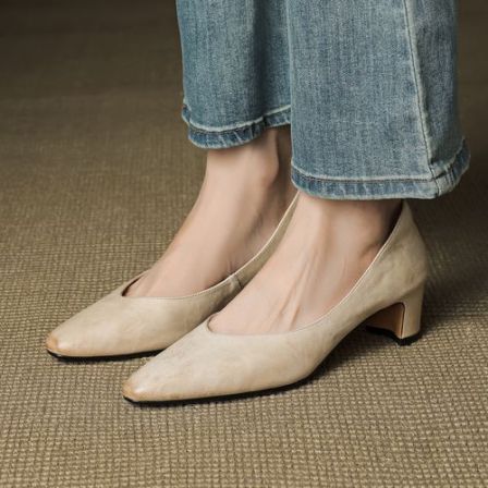 4.5cm法式浅口粗跟单鞋春季新款高跟鞋真皮浅口通勤百搭舒适女鞋