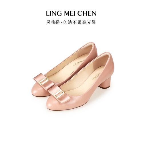 达享【蝴蝶圆柱】春秋舒适时尚气质粉杏色百搭软底职业浅口高跟鞋主图