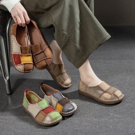 9827复古民族风拼色头层牛皮软底百搭新款通勤女式休闲单鞋