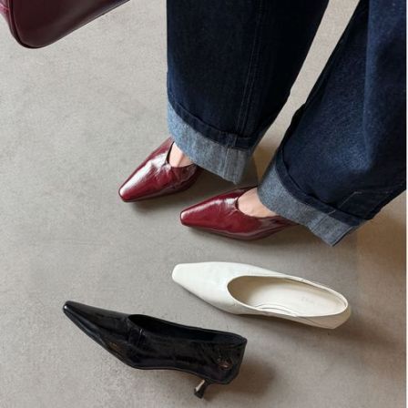 【唐唐家】真皮法式极简轻熟方头V口单鞋女款通勤百搭高跟奶奶鞋