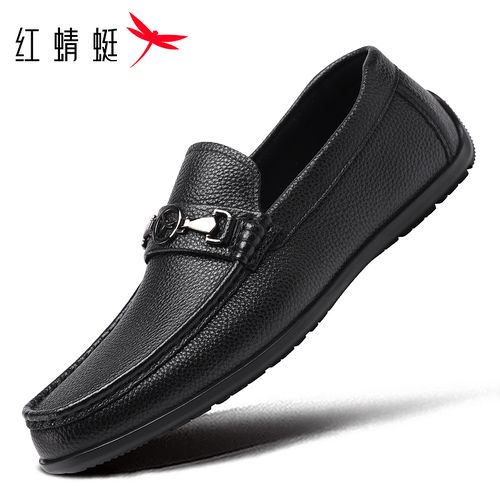 红蜻蜓男鞋真皮豆豆鞋休闲皮鞋头层牛皮商务舒适软底透气驾车鞋主图