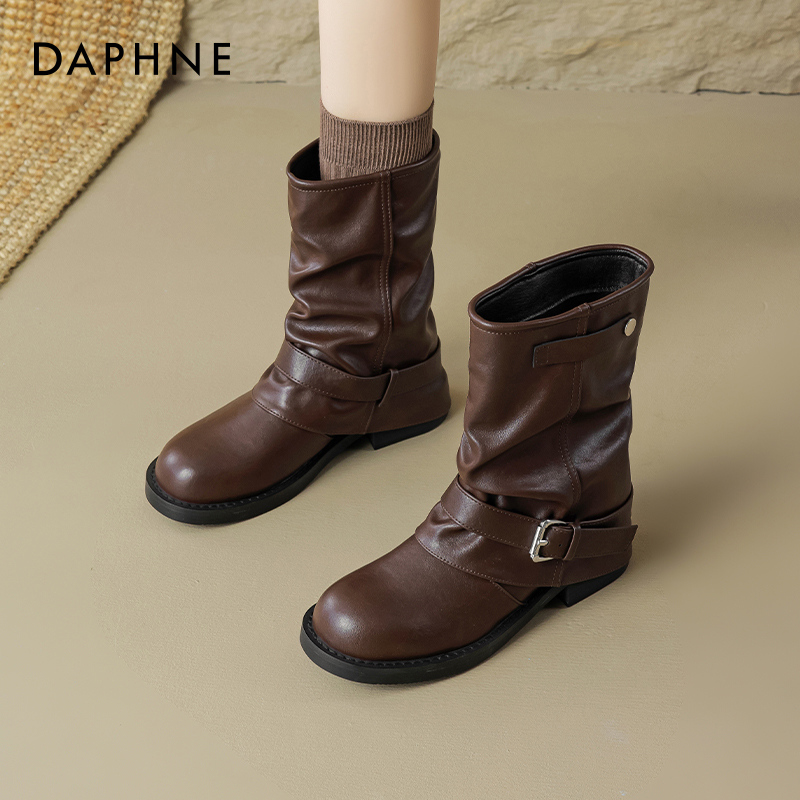 达芙妮美拉德棕色靴子女秋马丁靴2025新款中筒西部裤管靴堆堆短靴主图