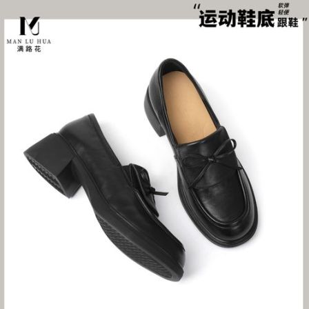 头层牛皮乐福鞋女款厚底增高小个子软底轻便粗跟蝴蝶结复古学院风
