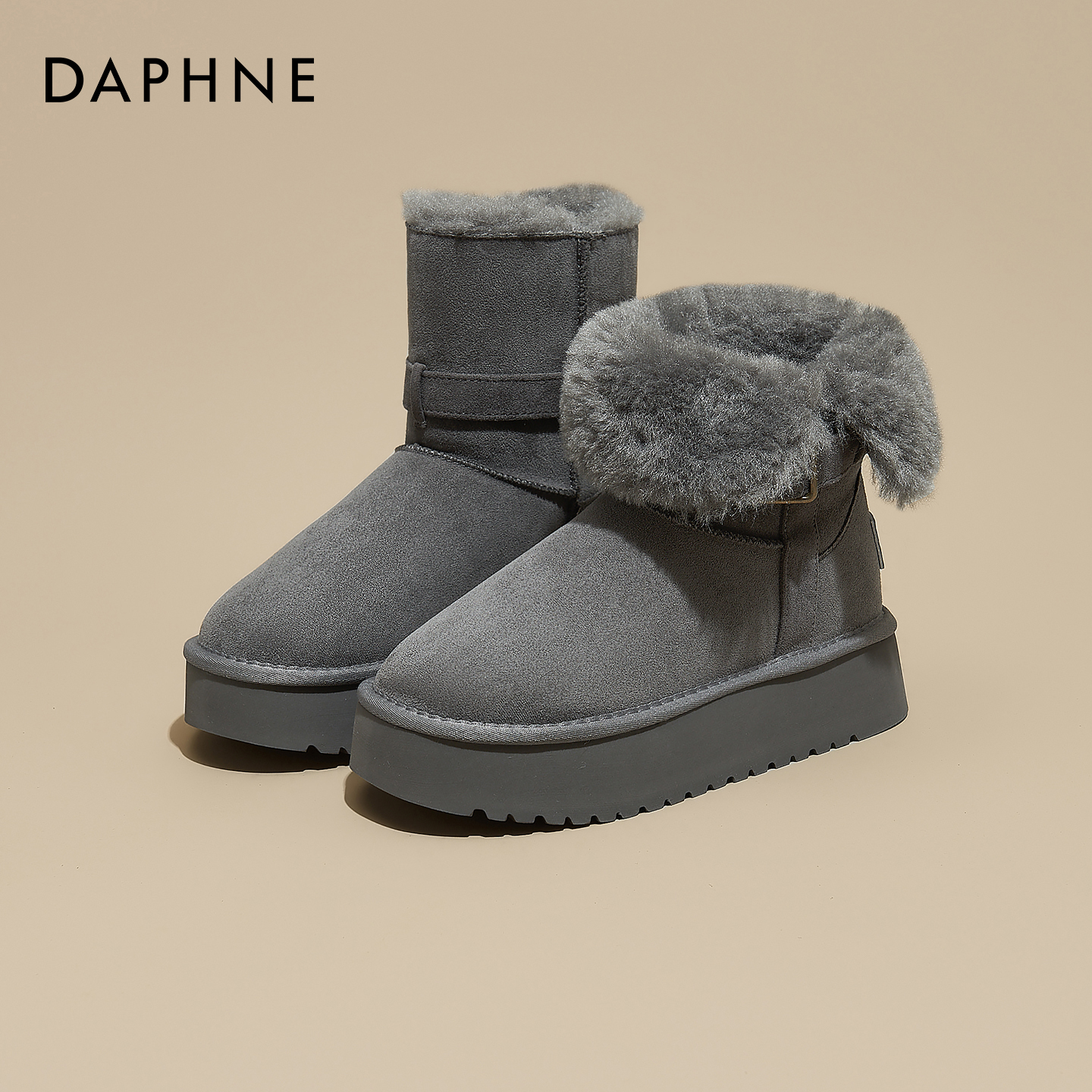 达芙妮灰色厚底雪地靴女2025新款冬季加绒保暖短靴东北毛毛棉鞋子主图