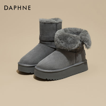 达芙妮灰色厚底雪地靴女2025新款冬季加绒保暖短靴东北毛毛棉鞋子