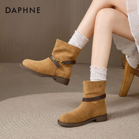 达芙妮绒面短靴女鞋2025新款秋季复古西部勃肯靴子圆头粗跟马丁靴