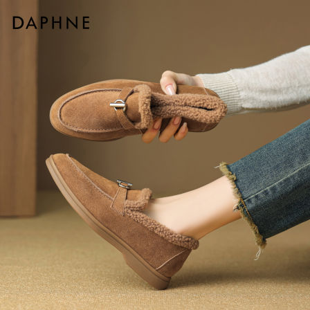 达芙妮加绒勃肯鞋女款2025秋冬新款平底保暖棉鞋老钱风单鞋一脚蹬