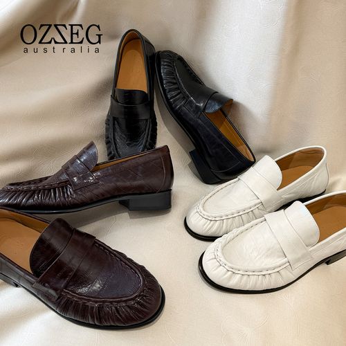 OZZEG春季手工鳄鱼纹压褶乐福鞋女英伦风透气牛皮一脚蹬单鞋26C67主图