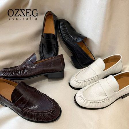 OZZEG春季手工鳄鱼纹压褶乐福鞋女英伦风透气牛皮一脚蹬单鞋26C67