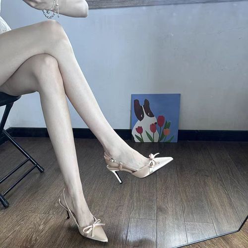 2025年春夏新款裸色蝴蝶结细跟高跟鞋女绸缎尖头凉鞋法式气质单鞋主图