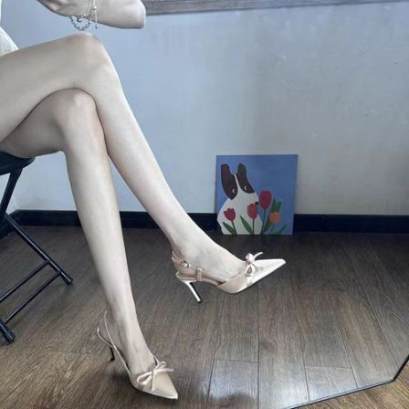 2025年春夏新款裸色蝴蝶结细跟高跟鞋女绸缎尖头凉鞋法式气质单鞋