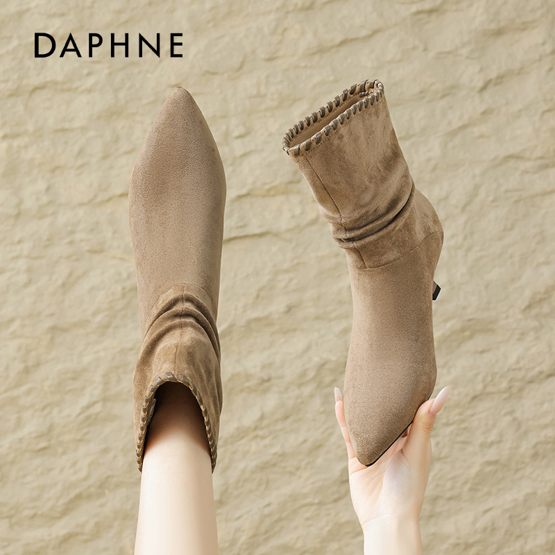 达芙妮尖头短靴女秋季细高跟靴子2025新款美拉德棕色堆堆靴巨好看主图