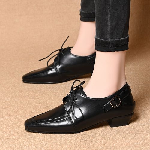 英伦风复古方头系带深口单鞋女2026春秋新款百搭低跟皮带扣小皮鞋主图