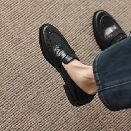 牛皮~2.5cm复古棕色深口乐福鞋软底休闲一脚蹬懒人鞋平底真皮单鞋