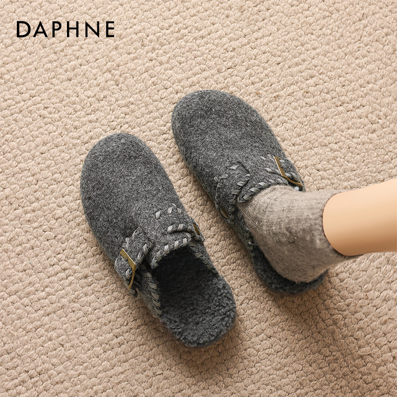 达芙妮加绒勃肯鞋女2025冬季新款厚底保暖一脚蹬包头拖鞋毛毛鞋子主图