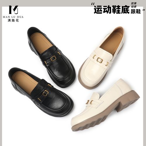 头层牛皮乐福鞋女款平底厚底软底轻便一脚蹬圆头低跟休闲舒适单鞋主图