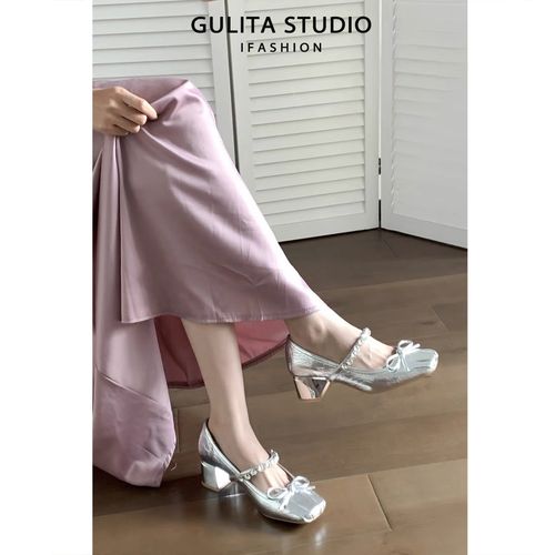 古莉塔蝴蝶结水钻粗跟玛丽珍浅口单鞋女法式银色jk高跟鞋女配裙子主图