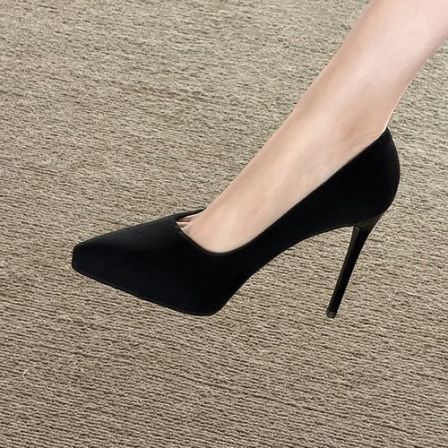 黑色绒面尖头细跟内防水台高跟鞋女春秋气质百搭通勤浅口厚底单鞋