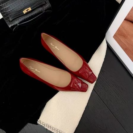 SUPERQUEEN法式优雅小众设计款气质方扣方平头低跟浅口单鞋