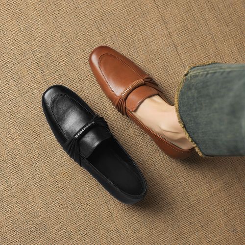 牛皮~2cm深口乐福鞋复古棕色一脚蹬懒人鞋软底英伦风小皮鞋女单鞋主图