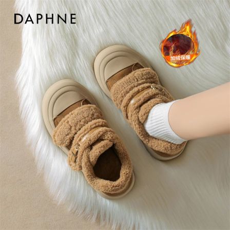 达芙妮棕色加绒棉鞋女冬季2025新款厚底雪地靴复古保暖毛毛小白鞋