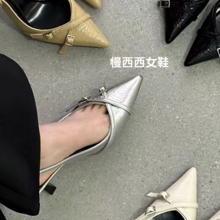 2026春季新品米白色高跟鞋交叉尖头细跟包头凉鞋仙女风单鞋配裙子