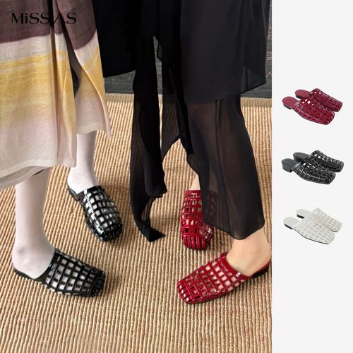 【YOEYYOU】平底皮革编织拖鞋女小众镂空半拖单鞋主图