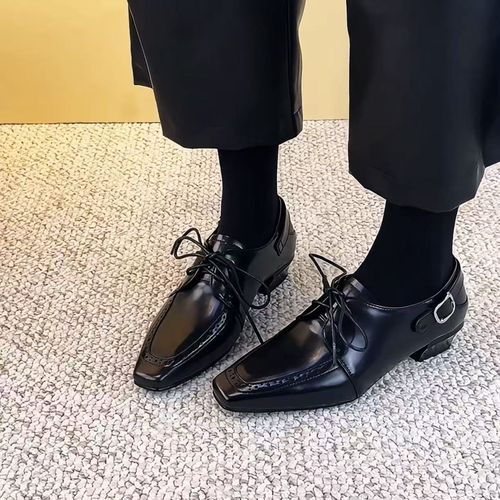 小皮鞋气质配裙子法式赫本2026新款春浅口方头复古英伦风系带单鞋主图