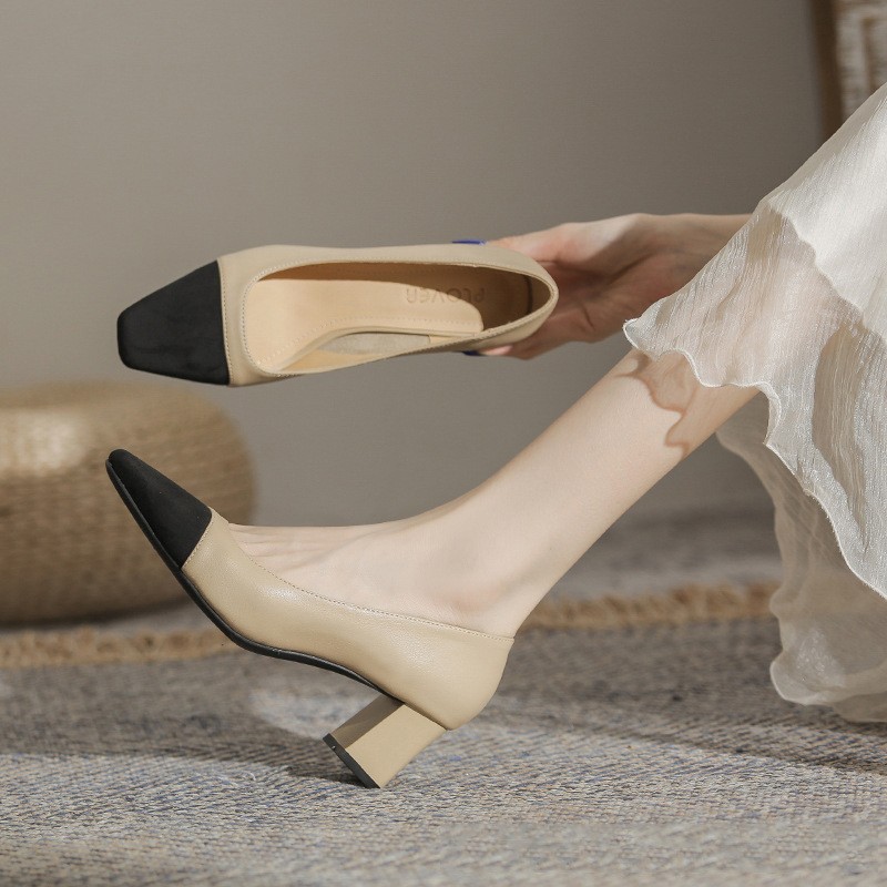 方头拼色中跟气质法式浅口粗跟单鞋简约通勤女鞋主图