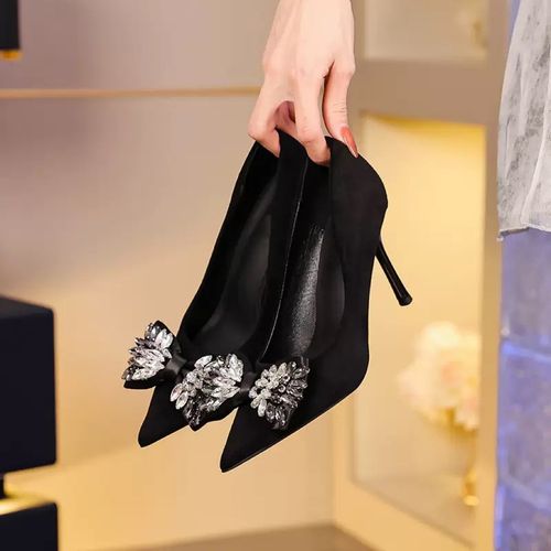 4-8CM渐变蝴蝶结气质高跟鞋韩版黑色尖头细跟单鞋4142大小码3233主图