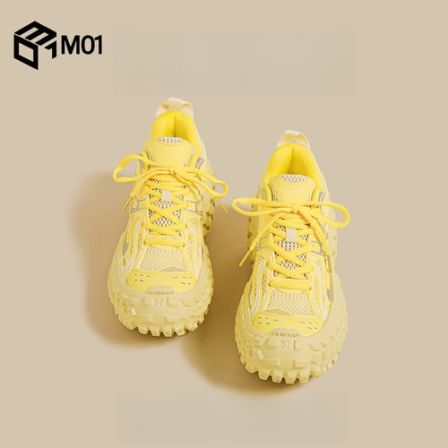 M01黄色老爹鞋女夏季新款网面薄款榴莲厚底小众增高休闲运动鞋潮