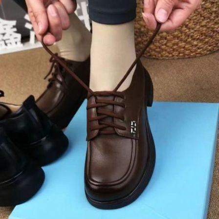 休闲风四季新款牛皮系带圆头乐福鞋女鞋百搭软底复古气质小单鞋女
