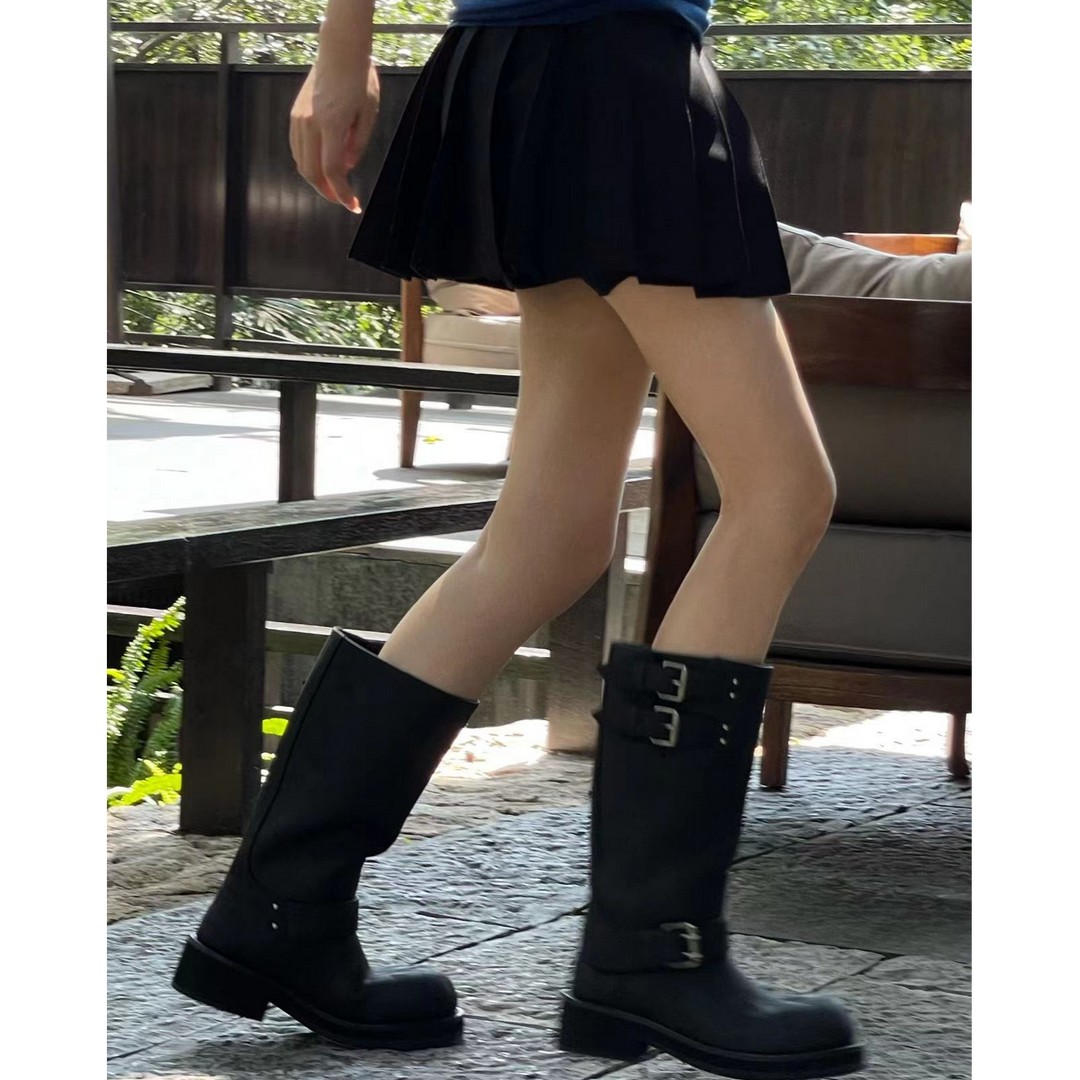 ETHOR 做旧圆头牛皮靴女25AW秋季新款搭扣复古时尚中筒机车靴IINC主图