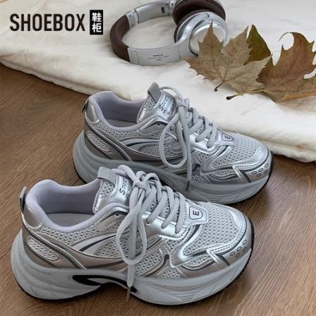 SHOEBOX鞋柜厚底银色老爹鞋女款2026春季复古休闲运动鞋跑步鞋