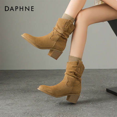 达芙妮堆堆靴女2025新款冬季尖头粗跟短靴瘦瘦靴加绒西部骑士靴子